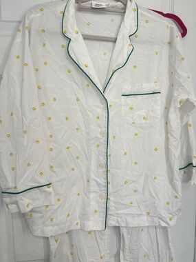Sleepy Jones White Pajama Set with Yellow Smile Dots and Green Piping